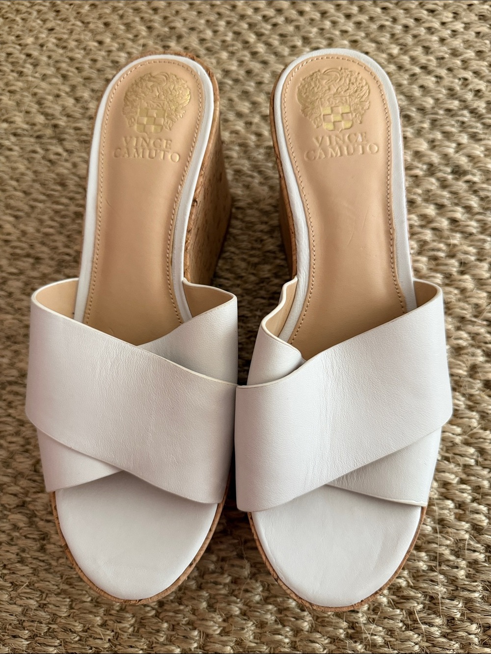 Vince Camuto Cream Leather Crossover Wedge Mules